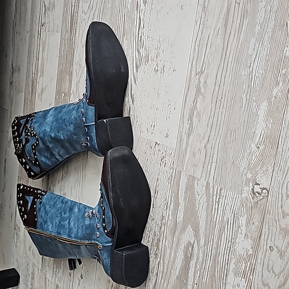 Turquoise Blue & Brown Gold & Silver Studded Knee High Cowgirl Boots w/Tassel. - Picture 2 of 7